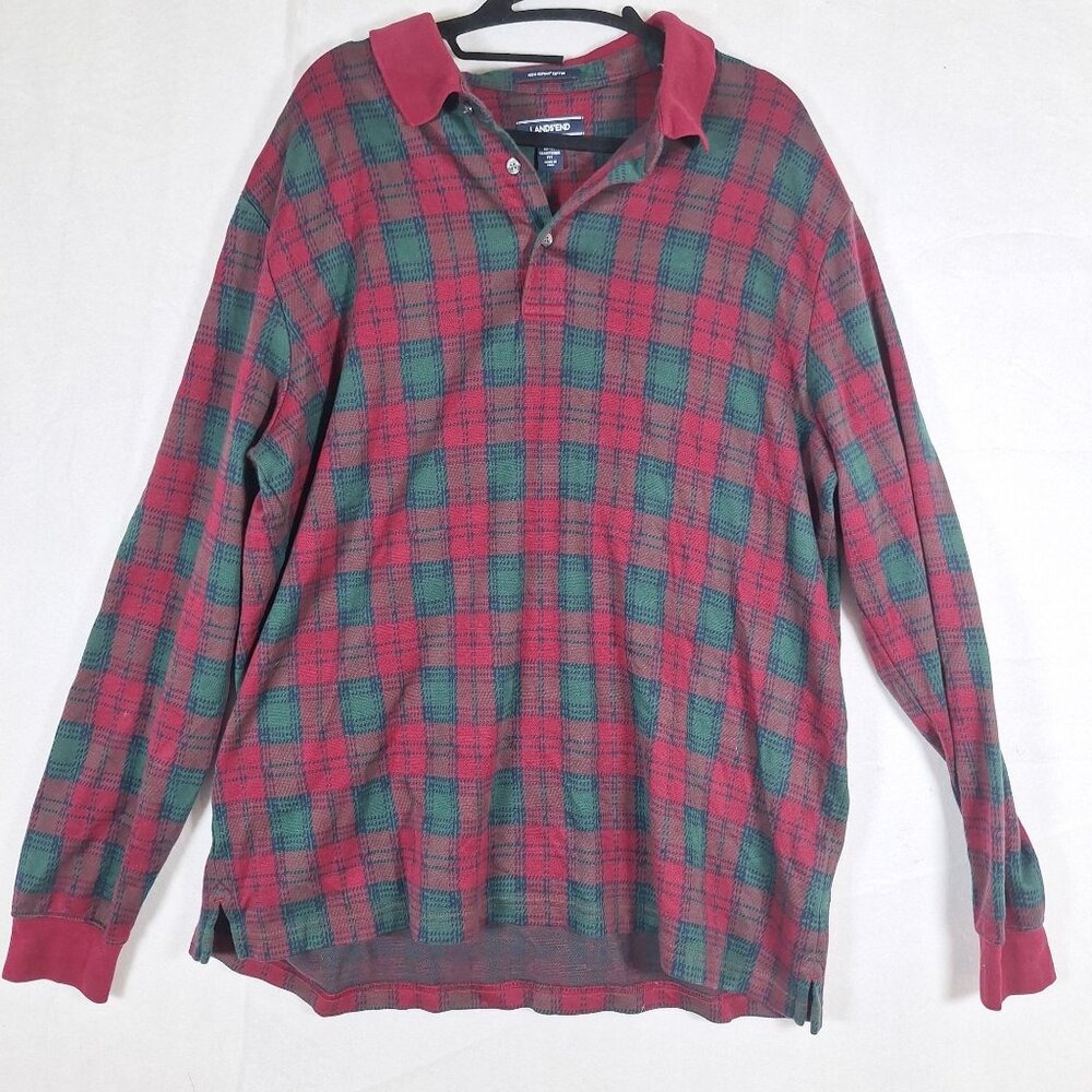 Lands End Mens long sleeve polo shirt plaid size XL